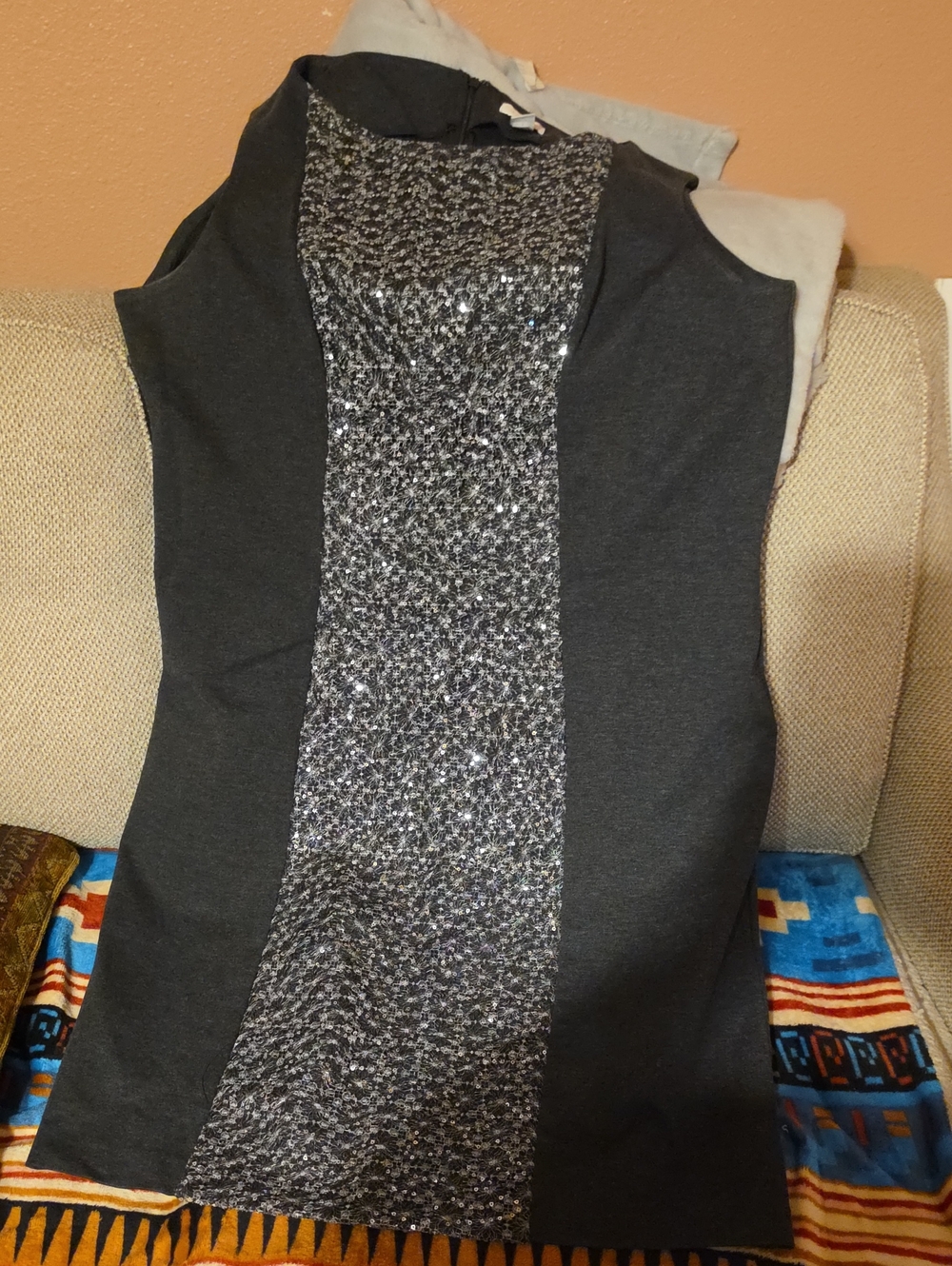Sleeveless Charcoal Gray Top with Silver Sequin Panel